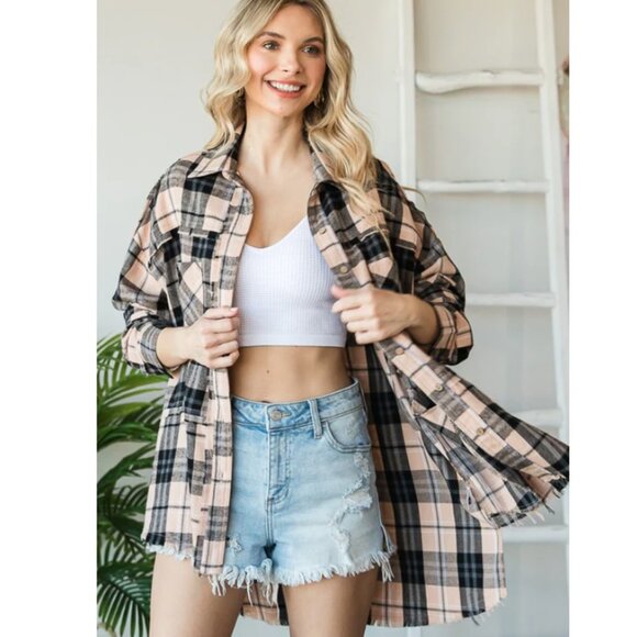 324T OLI & HALI Taupe Tan Combo Mineral Wash Plaid Flannel Shirt - Picture 2 of 3